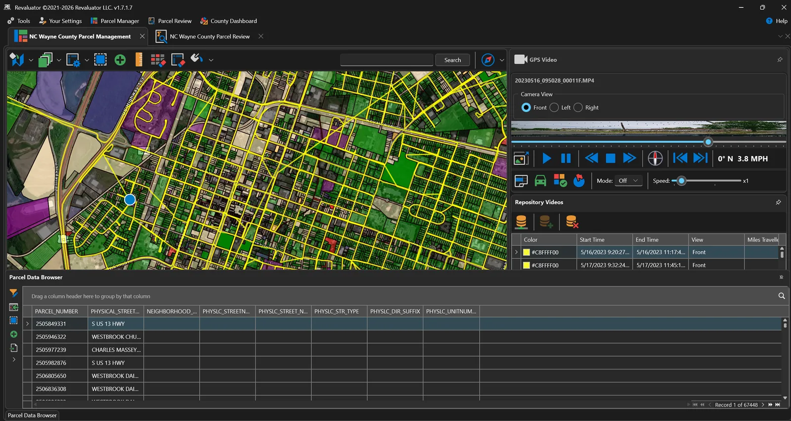 Parcel data browser: a GIS map above a sortable table of parcel numbers, street names and addresses, with a GPS video panel alongside.