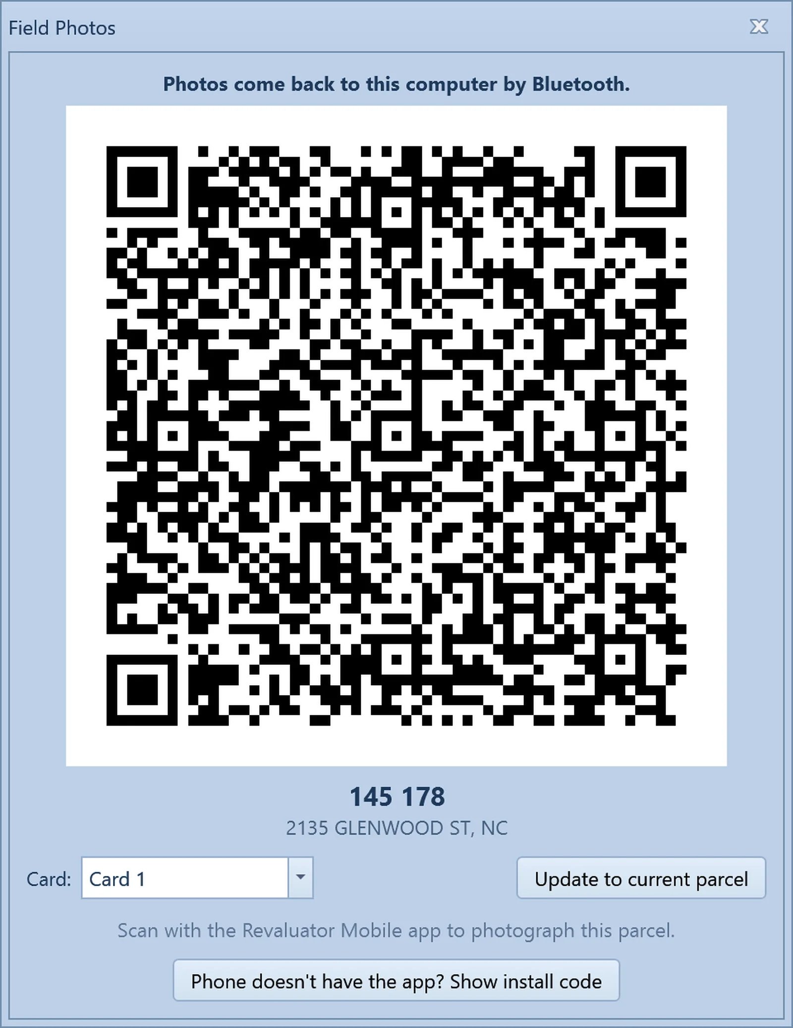 Field Photos dialog: a QR code for the current parcel with its number and address, a card selector, and the note that photos come back to this computer by Bluetooth.
