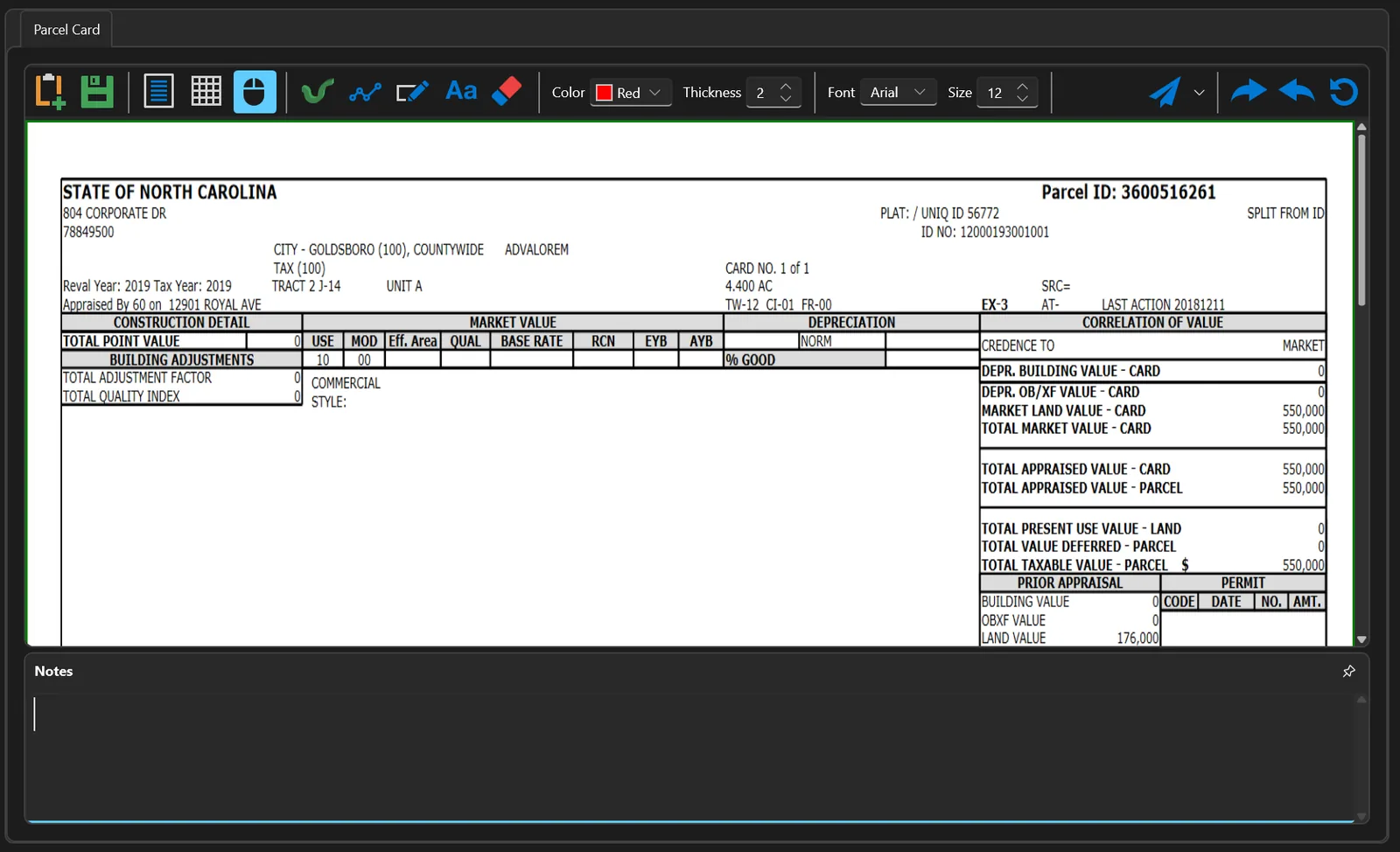 A property record card rendered inside Revaluator with markup tools along the top for annotating it.