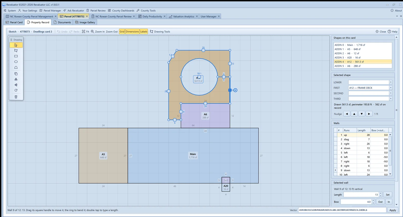 Sketch editor maximized over the property record: a dwelling outline with a round tower addition selected, corner and wall handles showing, a floating drawing palette, and a walls grid listing each wall's length and bow.